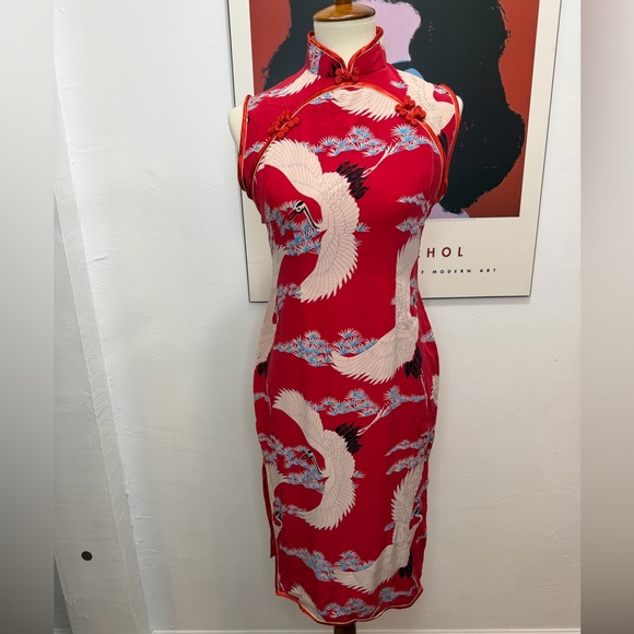 Vintage Dresses & Skirts - 100% silk crane cheongsam by Avanti Authentic Hawaii